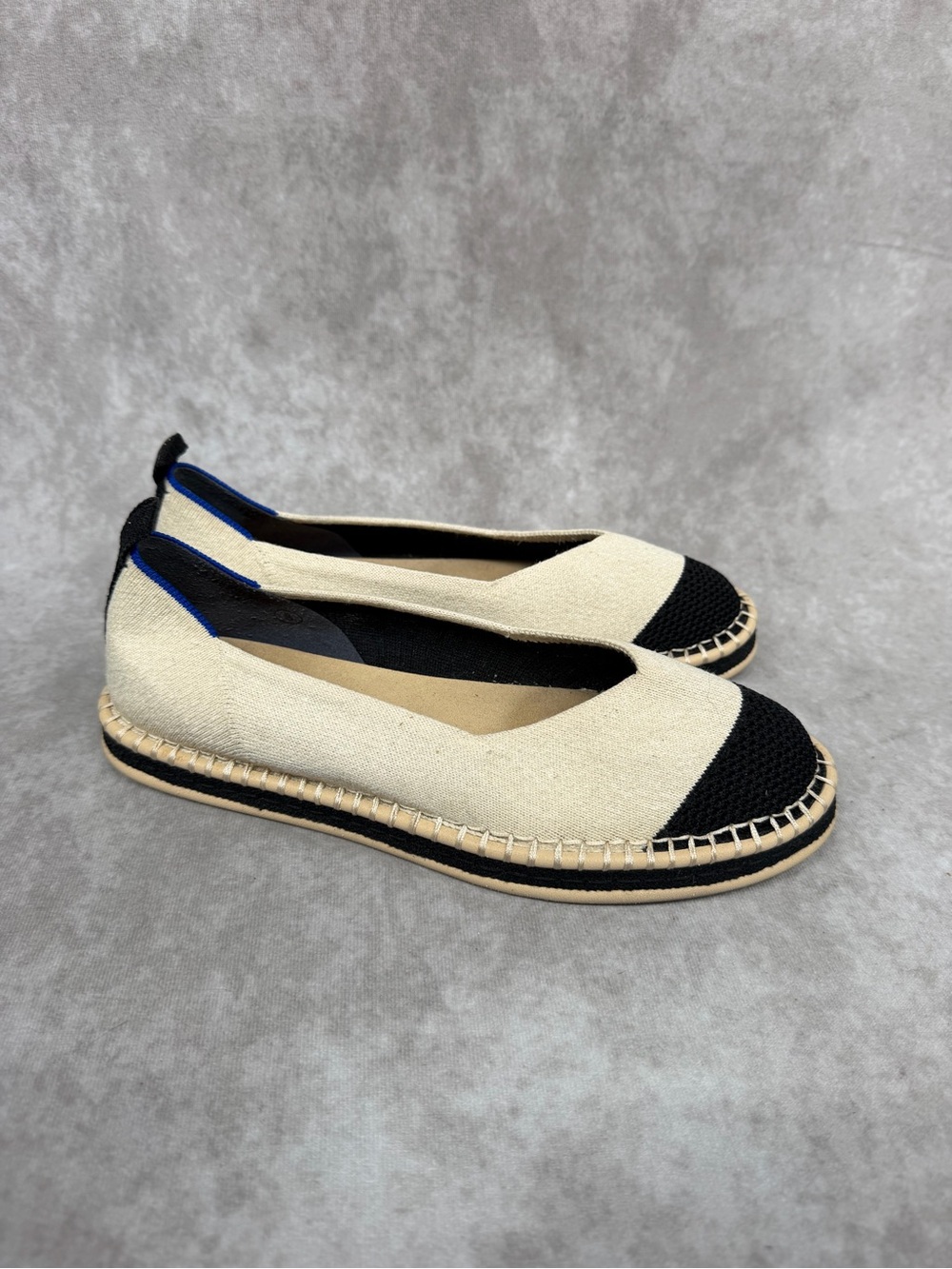 Rothy's The Espadrille Boardwalk Flats Shoe Cap Toe Slip On Cream Black Size 8